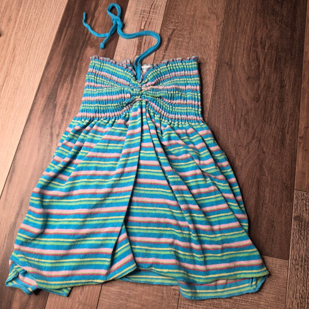 Step Up Halter Top Women Large Blue Terry Cloth Striped Smocked Y2K Beach Boho